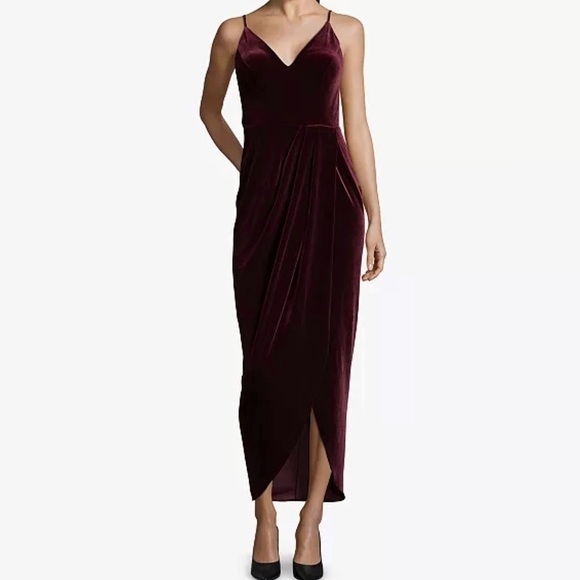 XScape Burgundy Velvet Tulip Hem Dress Maxi Gown Draped Skirt Sleeveless size 10 - Picture 1 of 8